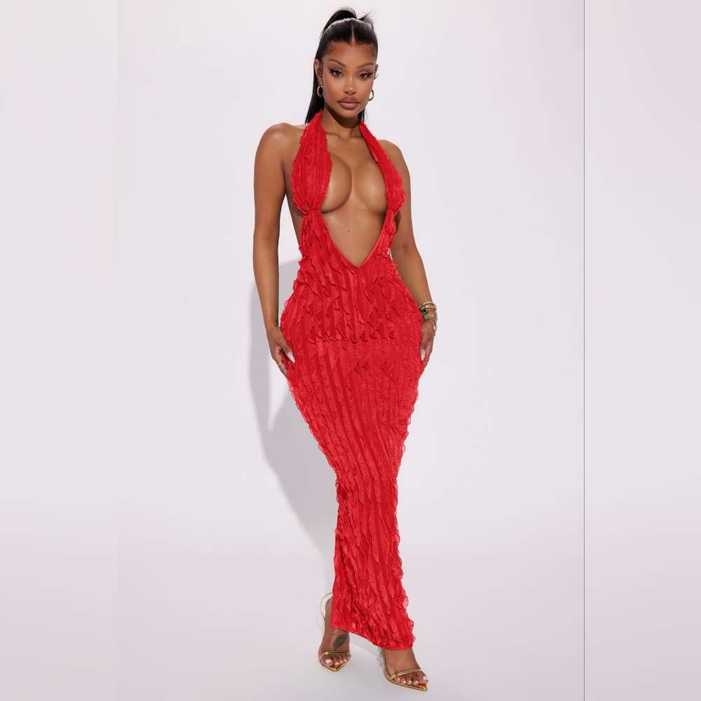 Fashion Nova Red Sleeveless Halter Gown
